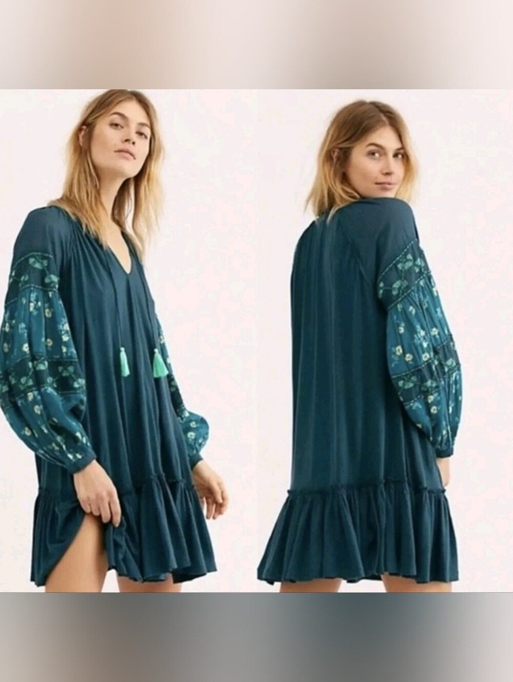 🌼B2G1🌼 Free People Teal Knit Mini Dress Boho Print Sleeves
